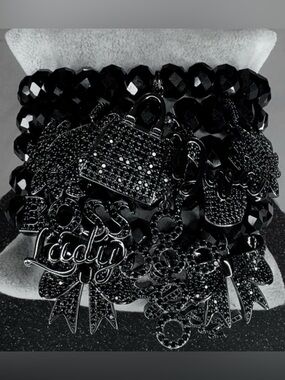 Black Faceted Crystal Bead Bracelet Stack with Charm Accents
